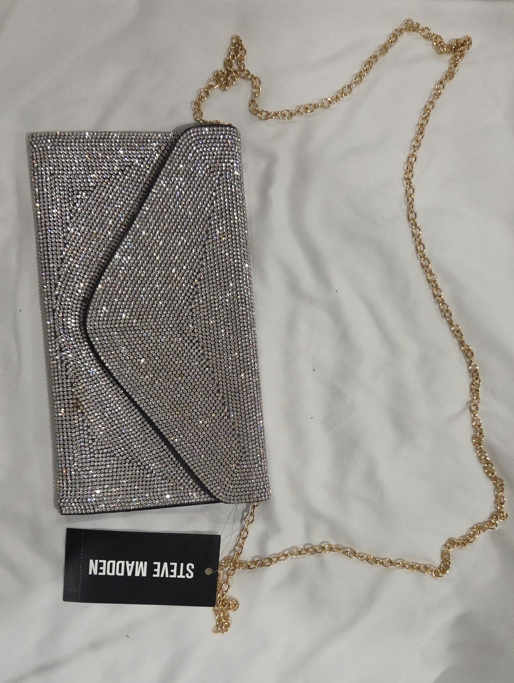 Steve Madden Silver Crystal Envelope Clutch with Gold Chain Strap